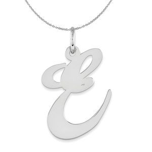 Silver, Ella Collection, LG Fancy Script Initial E Necklace - 16 In